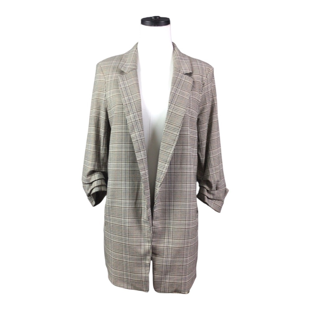 Maison d Amelie Open-Front Longline Blazer Jacket Gray Brown Plaid Rouched Sleev
